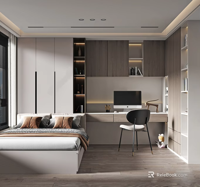 Modern Tatami Bedroom Interior Design with Desk Wardrobe Bookshelf and Natural Lighting 3d model 