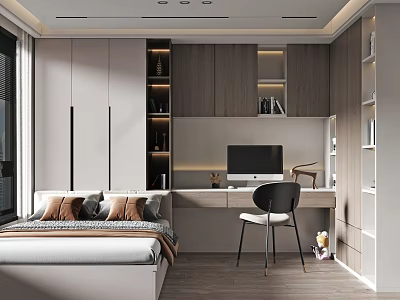 Modern Tatami Bedroom Interior Design with Desk Wardrobe Bookshelf and Natural Lighting 3d model