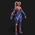 Futuristic Sci Fi Woman In Blue And Orange Armored Tactical Suit With Gear