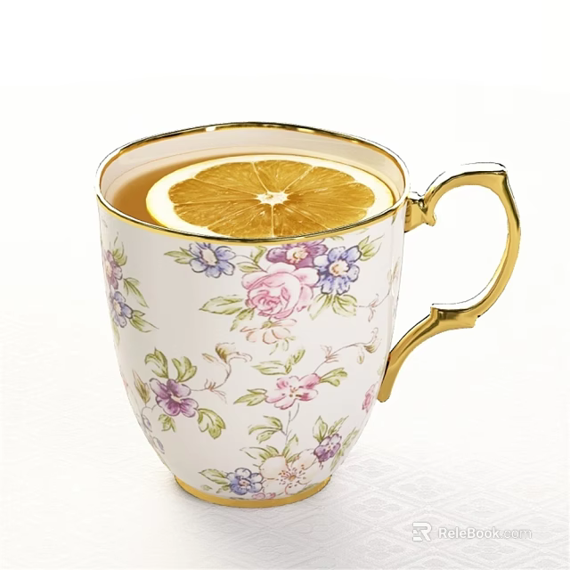Elegant Teacup With Floral Pattern Gold Rim Handle And Lemon Slice In Tea 3d model 