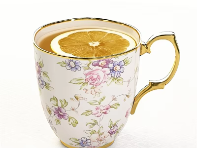 Elegant Teacup With Floral Pattern Gold Rim Handle And Lemon Slice In Tea 3d model