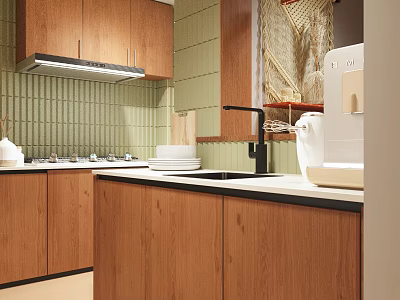 Modern Kitchen Interior With Wooden Cabinets Green Tiled Wall Black Faucet And White Sink 3d model