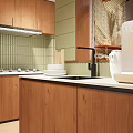 Modern Kitchen Interior With Wooden Cabinets Green Tiled Wall Black Faucet And White Sink