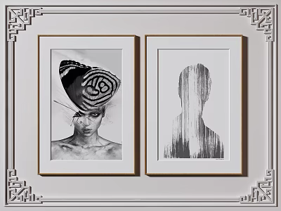 Two Framed Black And White Art Prints With Traditional Pattern Borders And Abstract Portraits 3d model