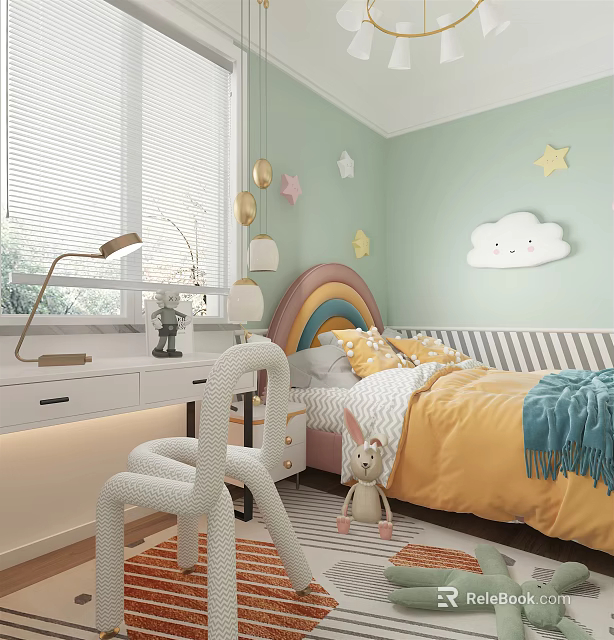 Cozy Kids Room Interior With Light Green Walls Star Decorations Rainbow Headboard And Yellow Bedding 3d model 