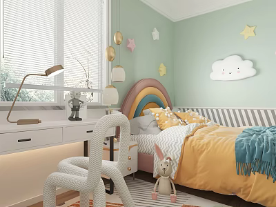 Cozy Kids Room Interior With Light Green Walls Star Decorations Rainbow Headboard And Yellow Bedding 3d model