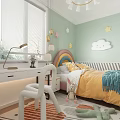 Cozy Kids Room Interior With Light Green Walls Star Decorations Rainbow Headboard And Yellow Bedding