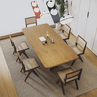 Modern Middle Ancient Dining Table and Chair Solid Wood Dining Table and Chair Rattan Dining Chair Art Chandelier Dining Chair Combination 3d model