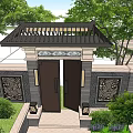 Traditional Chinese Style Entrance Gate With Black Doors Carved Wall And Stone Steps