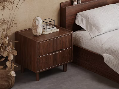 Modern Wooden Bedside Table With Two Drawers And Decorative Items On Top 3d model