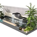 Landscape Feature Wall with Waterfall Flow Palm Trees Green Plants and Tiled Design