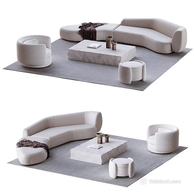 Modern Minimalist Sofa Coffee Table Set With Soft Texture Ottoman And Area Rug 3d model
