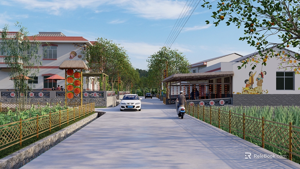Rural Village Road With Traditional Houses Trees White Car And Motorcycle Rider 3d model 