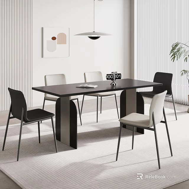 Modern Black Dining Table Set With Four Mixed Black And Beige Chairs And Pendant Light 3d model 