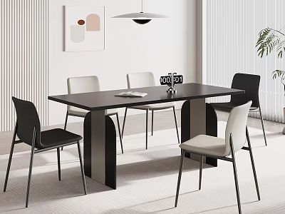 Modern Black Dining Table Set With Four Mixed Black And Beige Chairs And Pendant Light 3d model