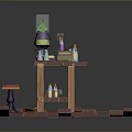 Wooden Dining Table With Candles Green Bottle Books And Cushions On Wooden Planks