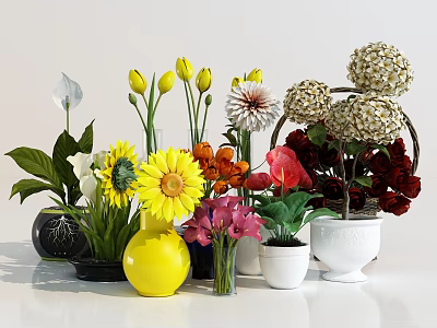 Colorful Flowers in Various Vases Including Yellow Sunflowers White Calla Lilies and Pink Blooms 3d model