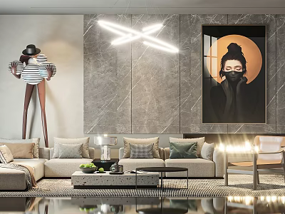 Modern Sofa Coffee Table Set With Marble Wall Decorative Painting And Ceiling Light 3d model