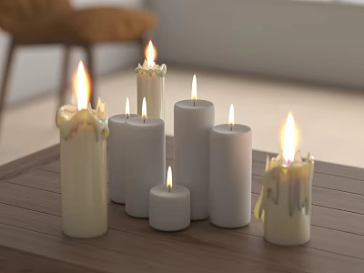 Lit Candles With Dripping Wax On Wooden Table Creating Cozy Ambiance 3d model
