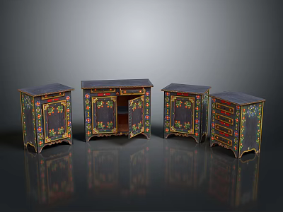 Traditional Colorful Decorative Cabinets With Floral Patterns Four Pieces One Open Door 3d model