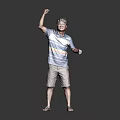 Man Raising Fist In Blue And White Striped Shirt Wearing Shorts And Sandals