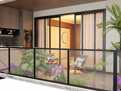 Cozy Home Balcony With Sliding Glass Doors Comfortable Chairs Purple Flowers And Green Plants 3d model
