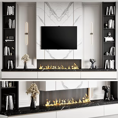 Modern TV Wall Design With Marble Fireplace Built in Shelves and Decorative Lighting 3d model