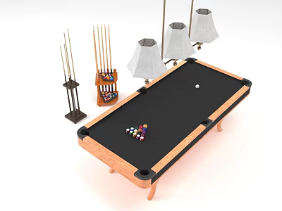 Sports Equipment Billiard Table With Colorful Balls Cues Cue Rack And Hanging Lamps 3d model