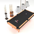 Sports Equipment Billiard Table With Colorful Balls Cues Cue Rack And Hanging Lamps