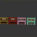 Four Vintage Pianos in Different Colors Arranged Side by Side on Reflective Floor