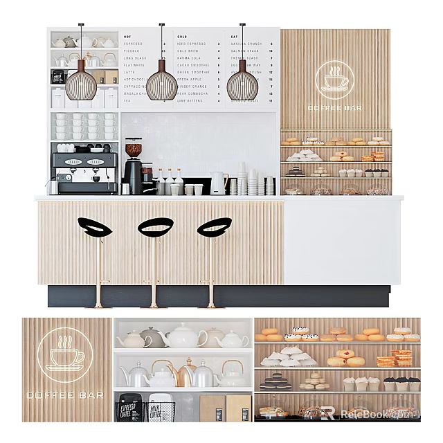 Modern Wooden Bar Counter Interior With Coffee Machines Stools And Pastry Shelves 3d model 