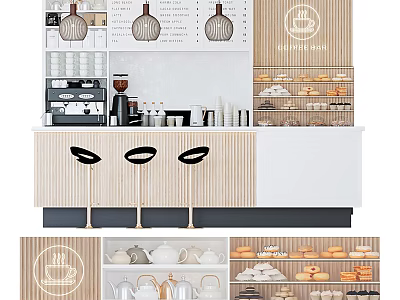 Modern Wooden Bar Counter Interior With Coffee Machines Stools And Pastry Shelves 3d model
