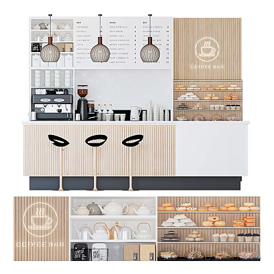 Modern Wooden Bar Counter Interior With Coffee Machines Stools And Pastry Shelves 3d model