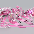 Stylish Pink Themed Exhibition Setup with Decorative Tents Booths and Balloon Elements 3d model