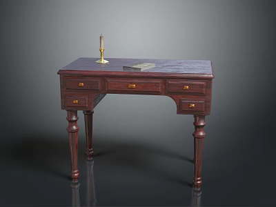 Classic Dark Wooden Desk With Drawers Gold Candle Holder And Book 3d model
