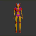 3D Humanoid Fantasy Character With Pink Yellow Body Red Horns Blue Center And Red Joints