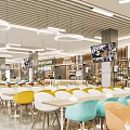 Vibrant Open Restaurant Interior With Colorful Chairs White Tables Pendant Lights And Screens