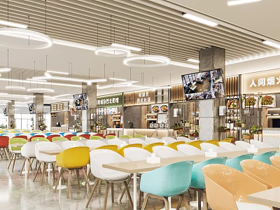 Vibrant Open Restaurant Interior With Colorful Chairs White Tables Pendant Lights And Screens 3d model