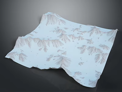 Simulated Terrain On Light Blue Fabric Featuring Light Brown Mountain Patterns And Wrinkled Texture 3d model