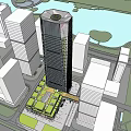 Modern Commercial Complex with MUJI Storefront Company Logos Glass Facade Green Rooftop and Crowded Plaza