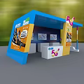 Modern Display Cabinets And Shelves With Blue Yellow Exterior And Poster Display Area