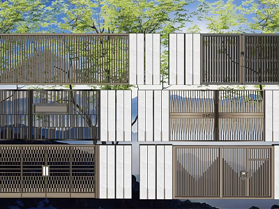 Modern Entrance Gate Design With Grille Patterns White Walls And Green Trees 3d model