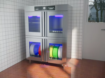 Cafeteria Stainless Steel Sterilizer With Blue Lighting And Colorful Plates On Tile Walls And Floor 3d model