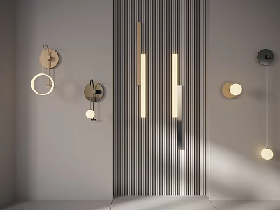 Modern Wall Lamps Featuring Various Designs On Vertical Striped Wall 3d model