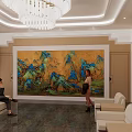 Spacious Bright Hotel Public Lounge With White Sofas Marble Flooring Chandeliers And Decorative Paintings