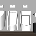 Three White Urinals On Gray Wall With Flush Controls Trash Bin And Toilet Paper Holder