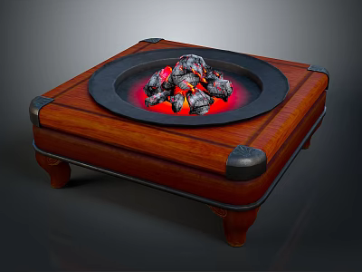 Square Wooden Base Household Warmer With Black Tray And Burning Charcoal 3d model