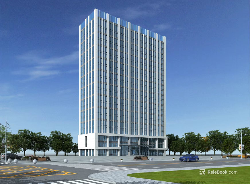 Modern High Rise Office Building With Glass Facade Surrounded By Trees Road And Parked Vehicles 3d model 
