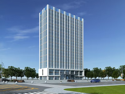 Modern High Rise Office Building With Glass Facade Surrounded By Trees Road And Parked Vehicles 3d model
