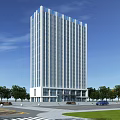 Modern High Rise Office Building With Glass Facade Surrounded By Trees Road And Parked Vehicles
